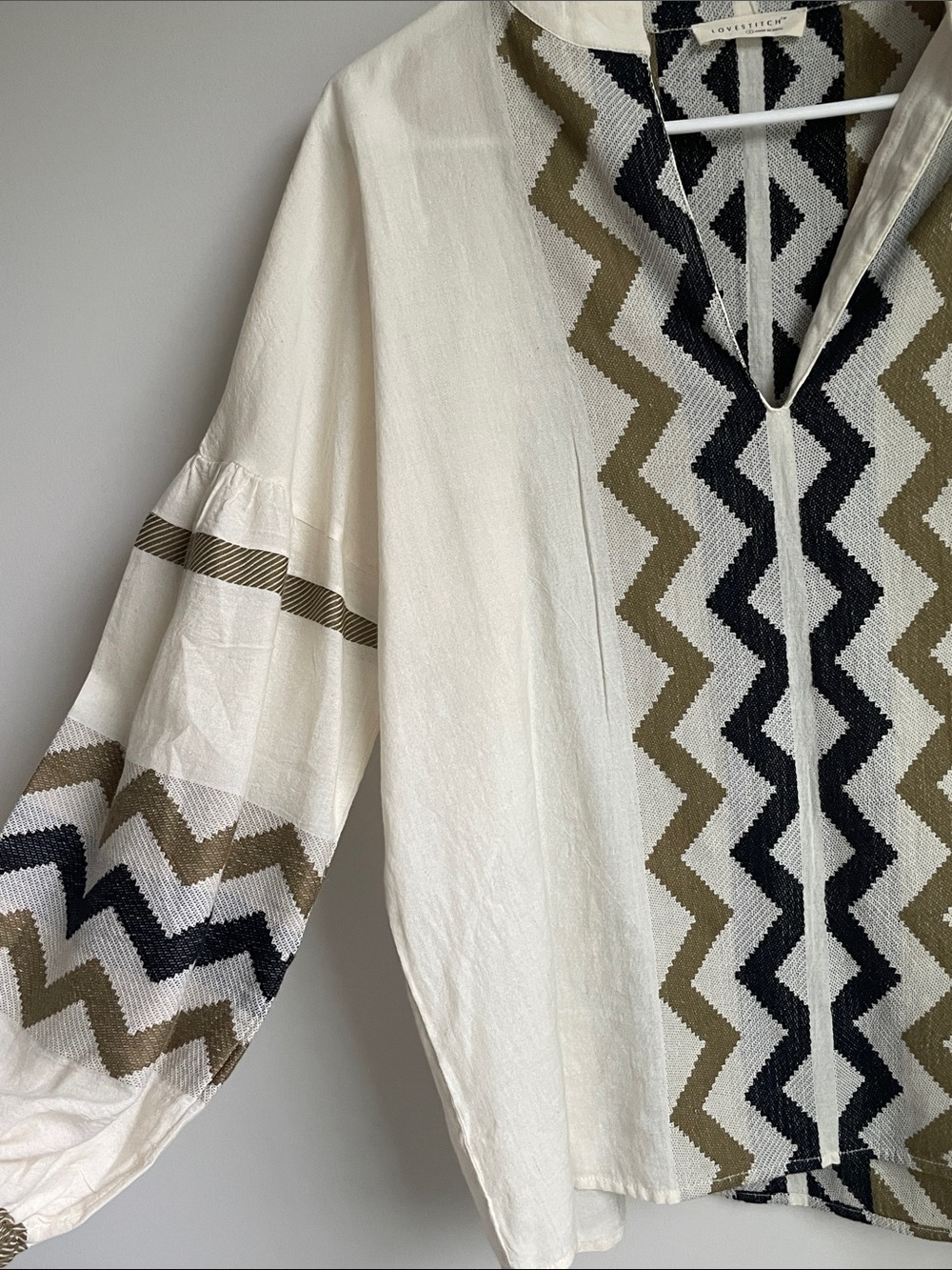 Boho Peasant Blouse in Cream with Olive & Black Zigzag - Picture 3 of 4